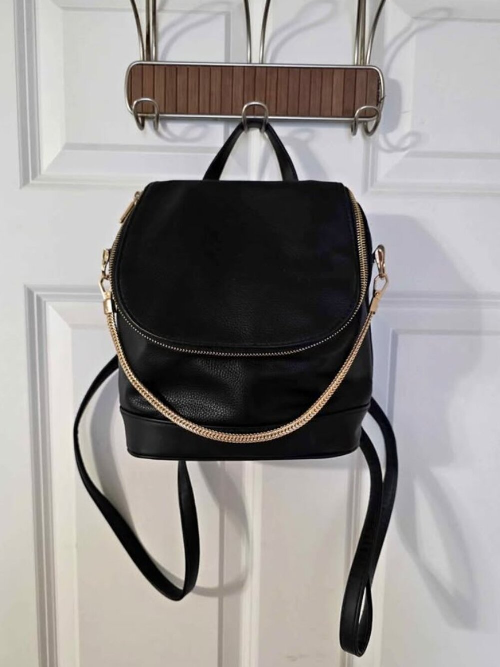 A New Day Black Faux Leather Mini Backpack Convertible Crossbody Gold Chain Acce